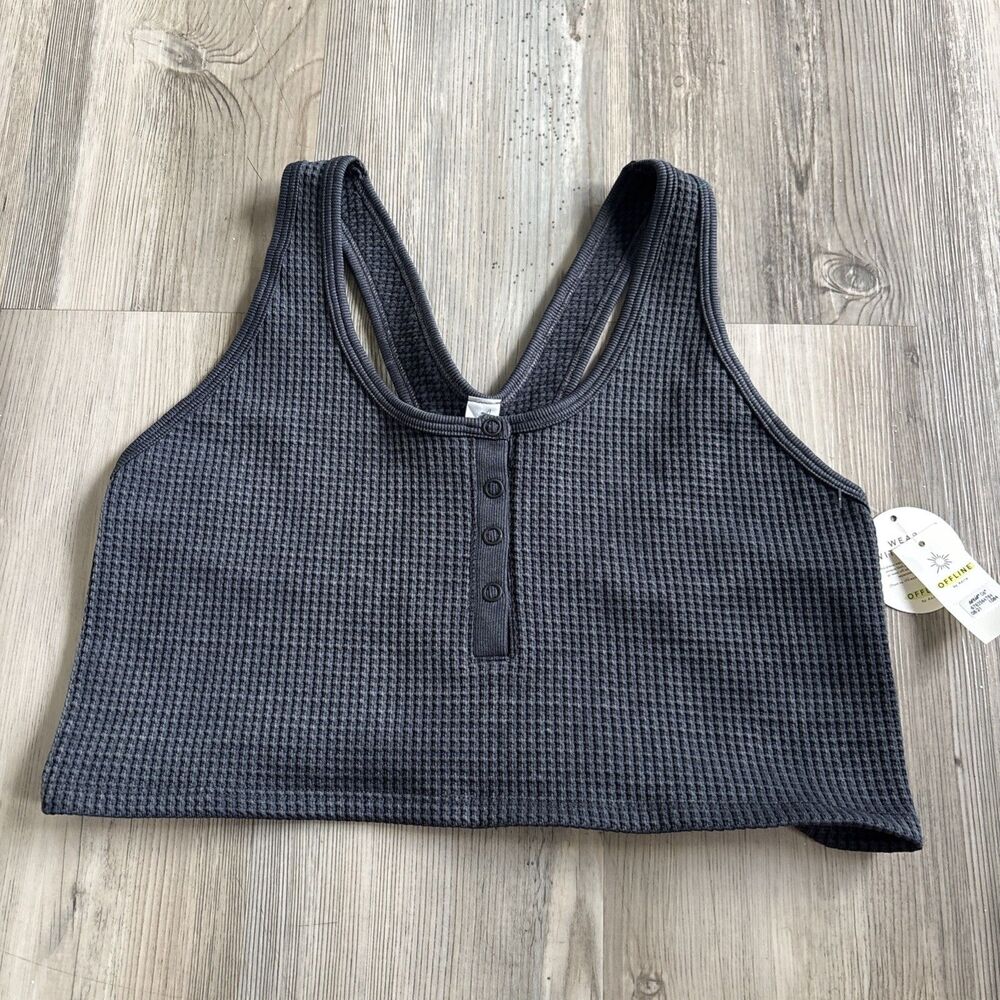 NWT OFFLINE by Aerie Recharge Seamless Waffle Snap Gray Sports Bra Black Large